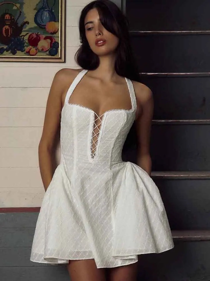 A-line Mini Dress with Pleats and Cross Back Detail - Iliana