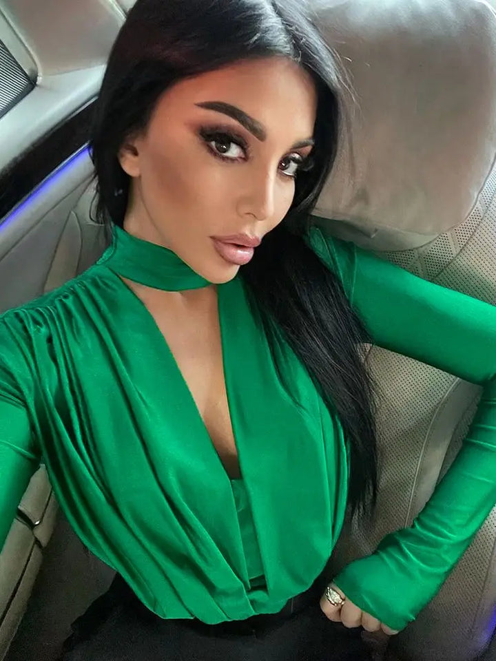 Bodysuit Top with Turtleneck and Deep Neckline - Minka