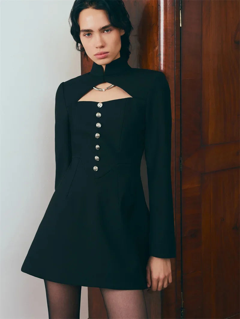 Fitted Mini Dress with Turtleneck and A-Line Cut with Button Decoration - Mary Line
