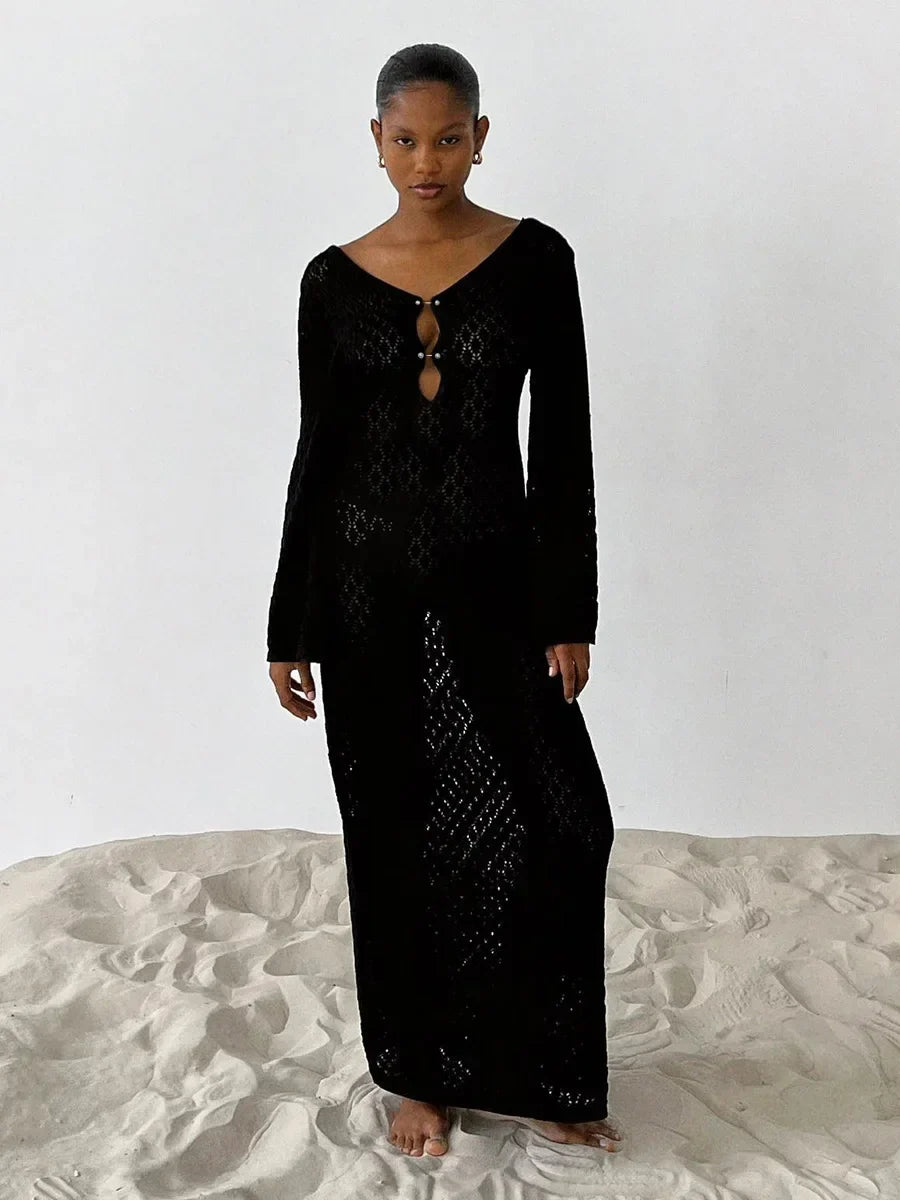 Knitted Maxi Beach Dress with Open Back and Pearl Pin Decoration - Lina