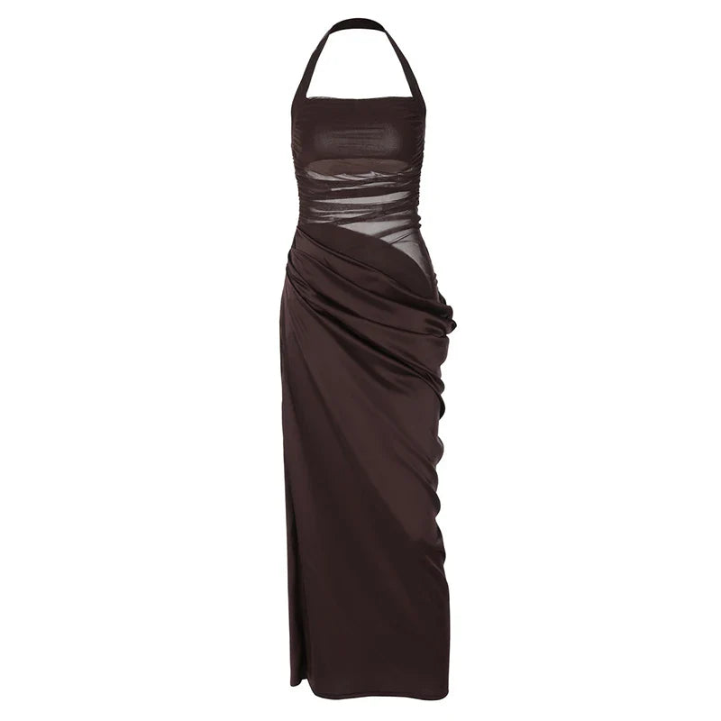 Satin Maxi Dress with Gathered Mesh Top and Open Back - Arya