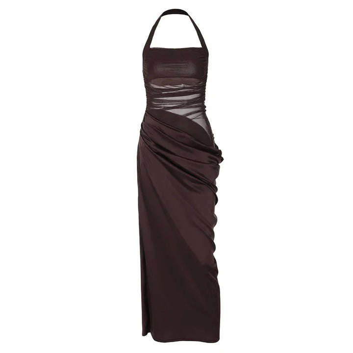 Satin Maxi Dress with Gathered Mesh Top and Open Back - Arya