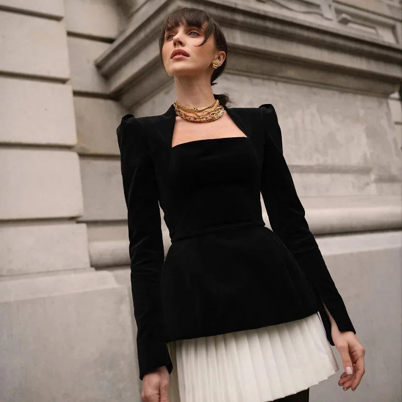 Velvet Mini Dress with Pleated Skirt Design - Ophelia