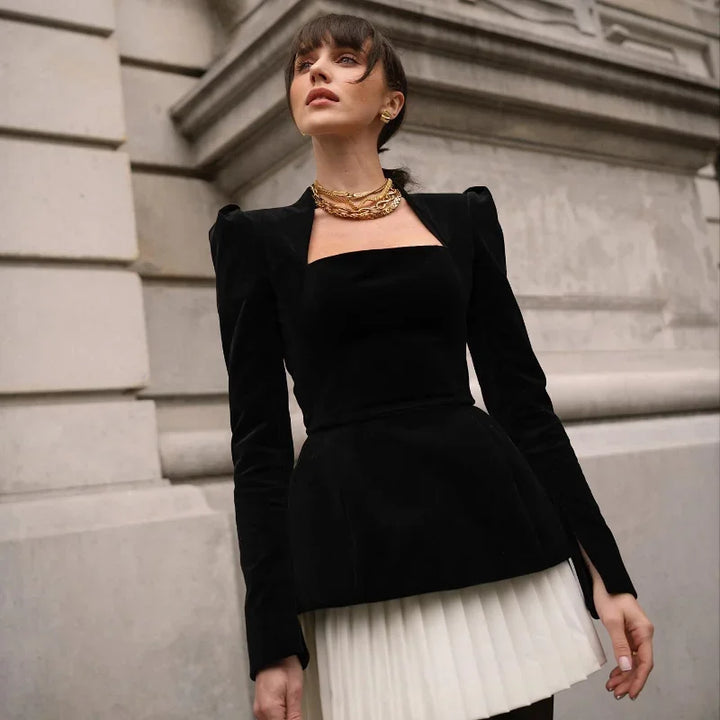 Velvet Mini Dress with Pleated Skirt Design - Ophelia