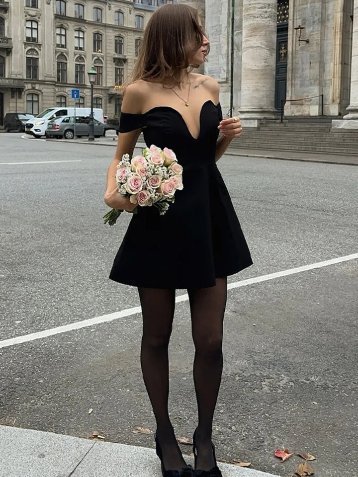 Mini A-line dress with off-shoulder V-neck - AMOR