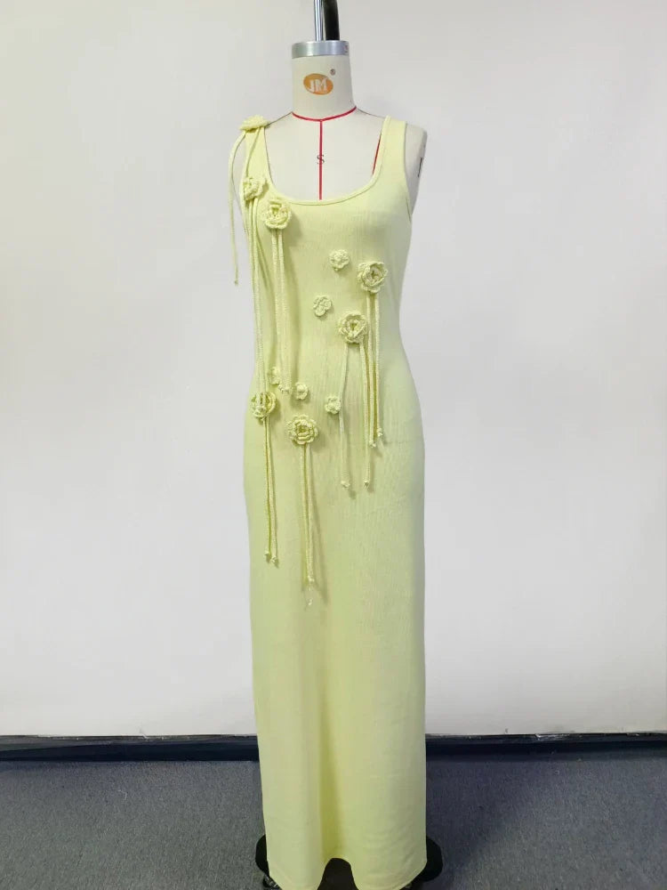 Knitted Beach Maxi Dress with Flower Appliqué Detail - Holly