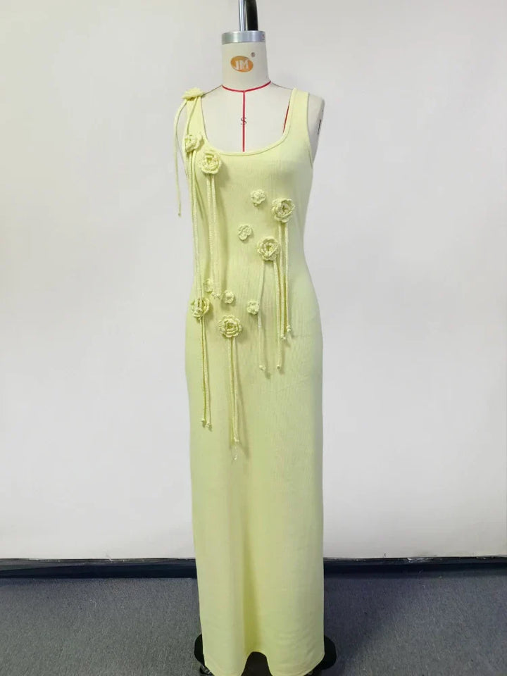 Knitted Beach Maxi Dress with Flower Appliqué Detail - Holly