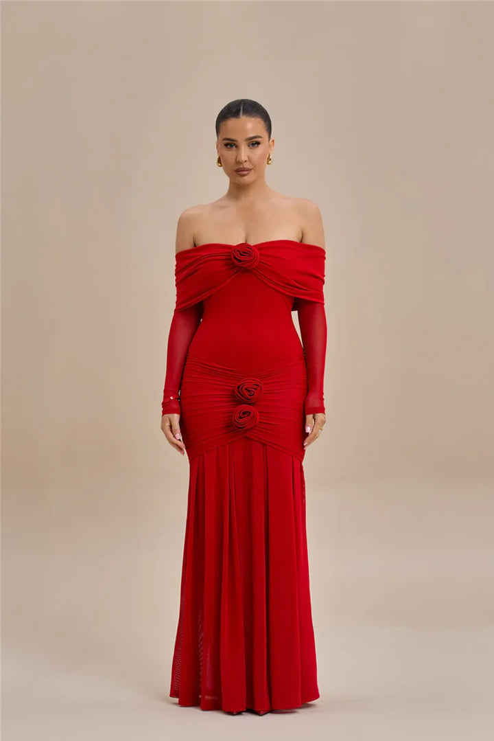 Off-shoulder maxi dress with ruching and floral appliqué decoration - Angelica