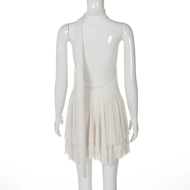 Chiffon Mini Dress with Ruffle, Open Back, Dropped Collar, and Matching Scarf Decoration - Lexi