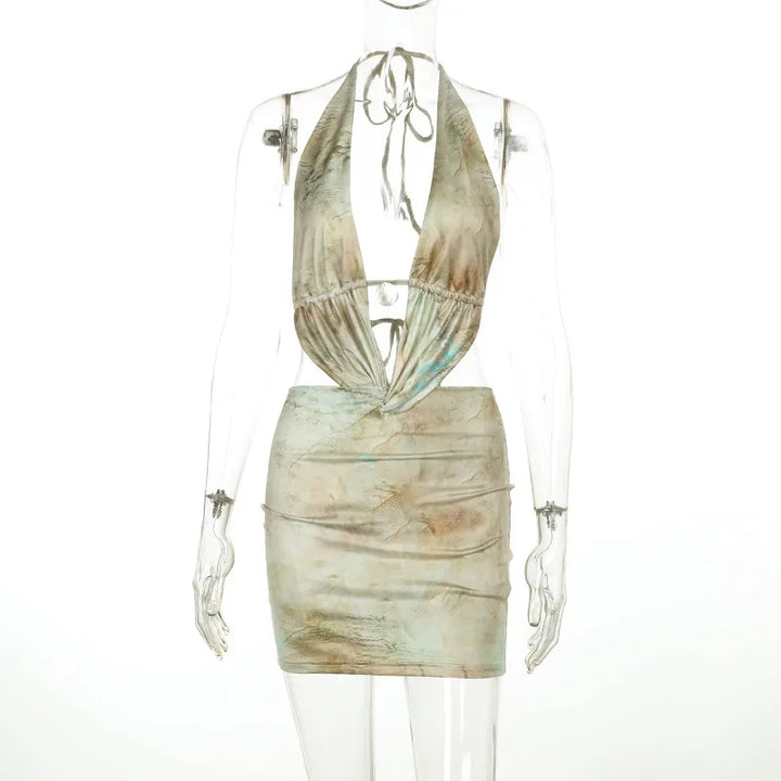 Mini tie-neck dress with open back and special print design - Wanda