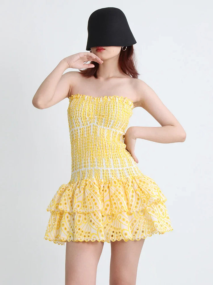 Strapless Mini Dress with Ruching and Ruffle - Diane
