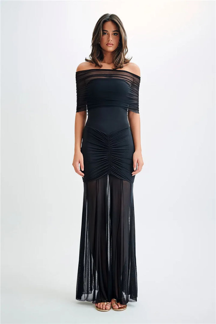 Chiffon Maxi Dress with Gathered Off-the-Shoulder Design - Delilah