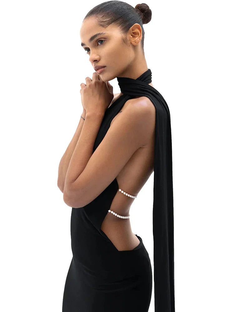 Maxi Dress with Chain Detail on Back and Neck Tie - Annalise