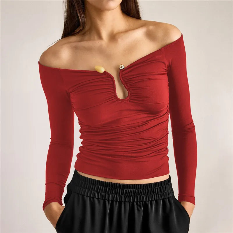 Fitted off-shoulder shirt with buckle decoration - Stace