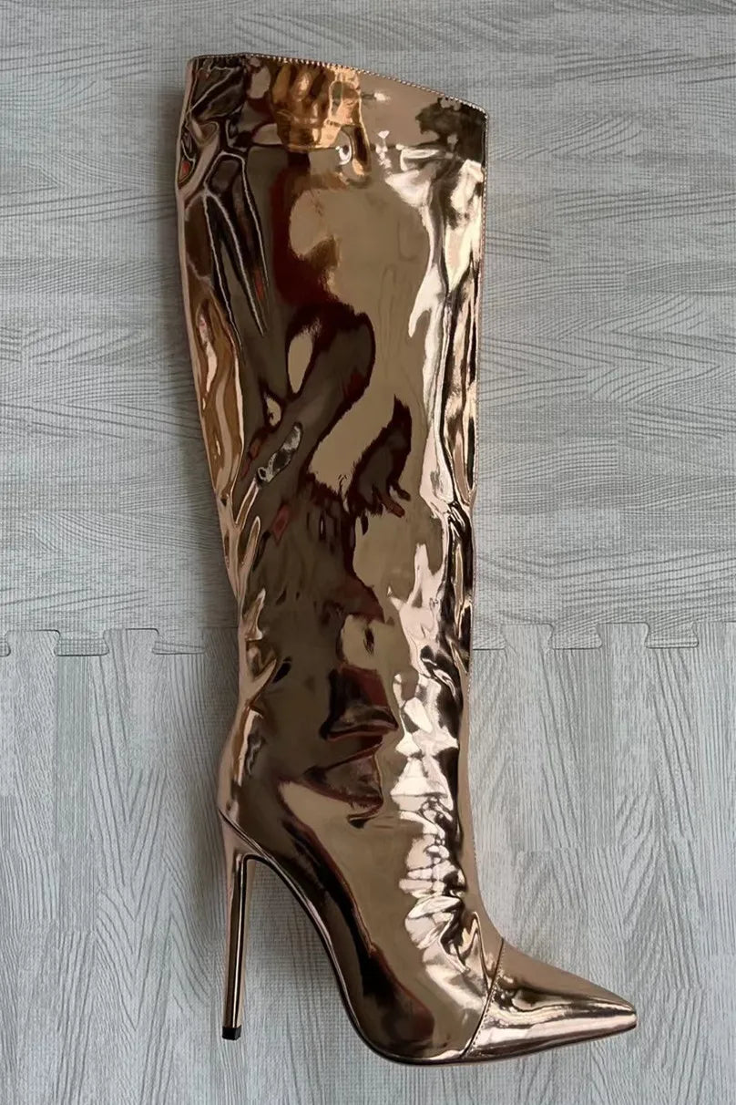 High Pointed Toe Heel Boots with Glossy Leather Design - Sloane