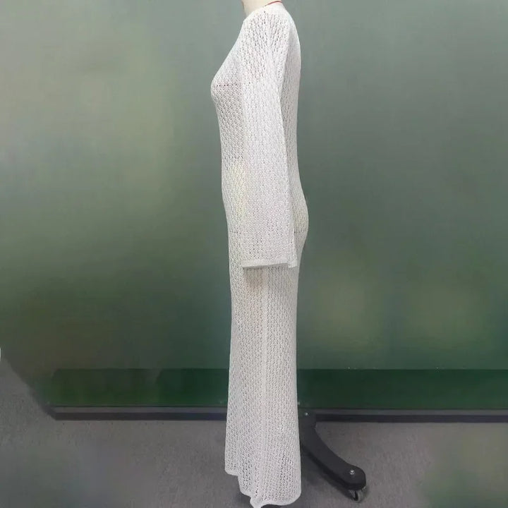 Knitted Maxi Beach Dress with Open Back and Pearl Pin Decoration - Lina