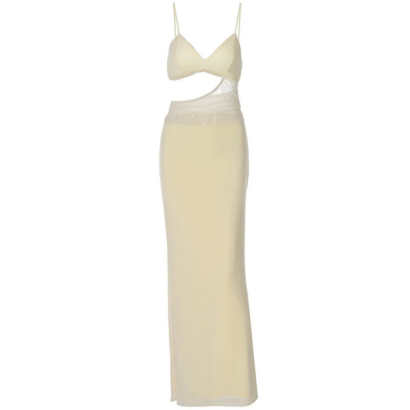 Maxi mesh dress with lining, featuring cutout and open back design - Jane