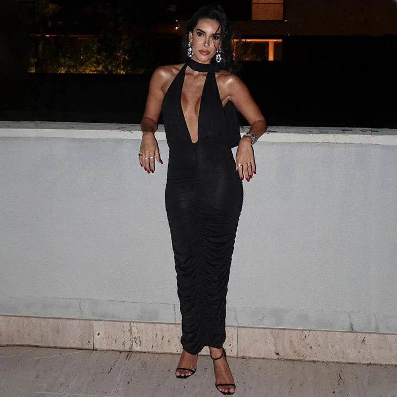 Maxi Dress with Collar, Ruching, Fitted V-Neck, Open Back - Jimena