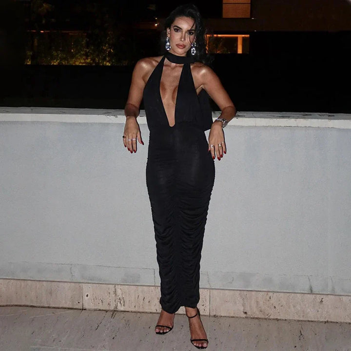 Maxi Dress with Collar, Ruching, Fitted V-Neck, Open Back - Jimena