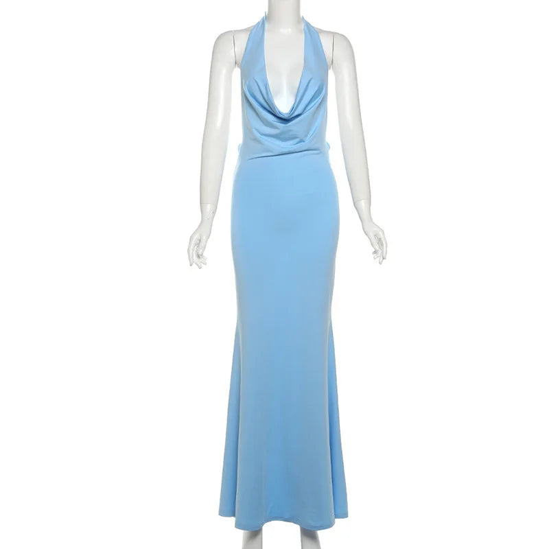 Maxi Dress with Draped Collar, Open Back, and Pearl Chain Detail - Camille