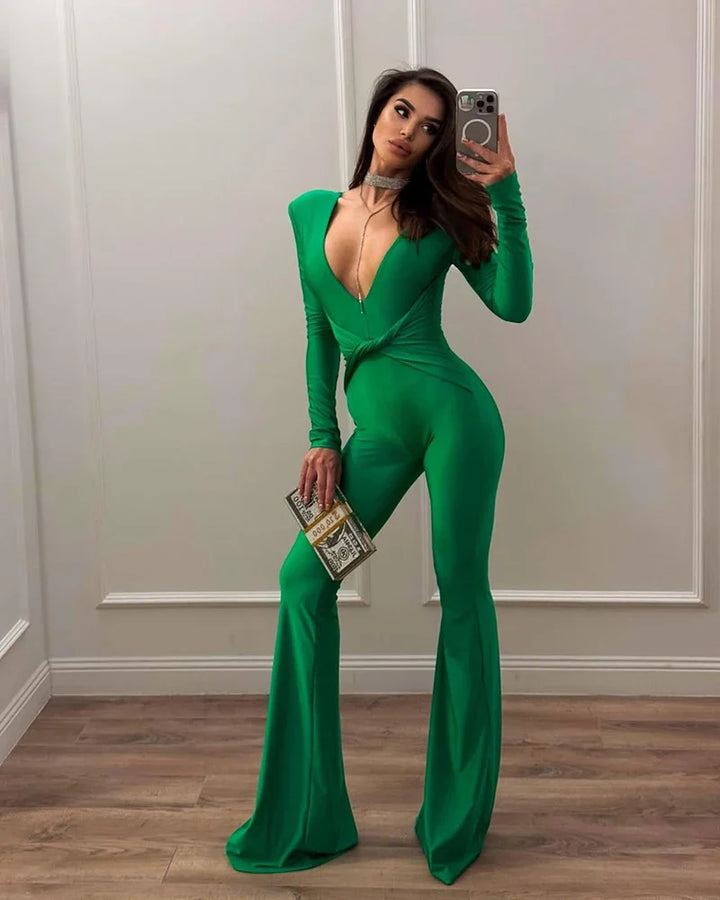 Fitted long jumpsuit with shaping fabric, deep V neckline, and cross decoration - Laini