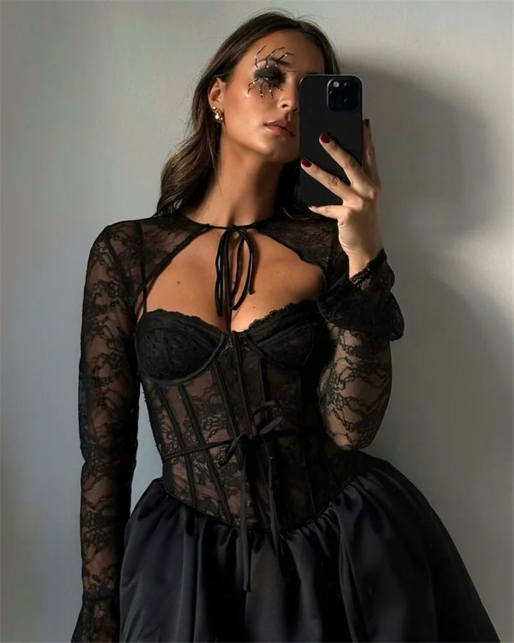 Balloon cut satin mini dress with corset design and lace cap sleeves - Miala