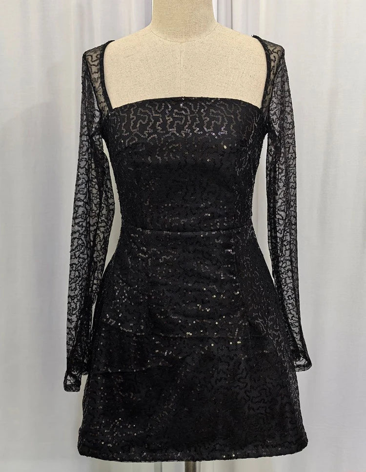 Mini Dress with Sparkling Sequin Embellishment, A-Line, and Mesh Sleeves - Skylar