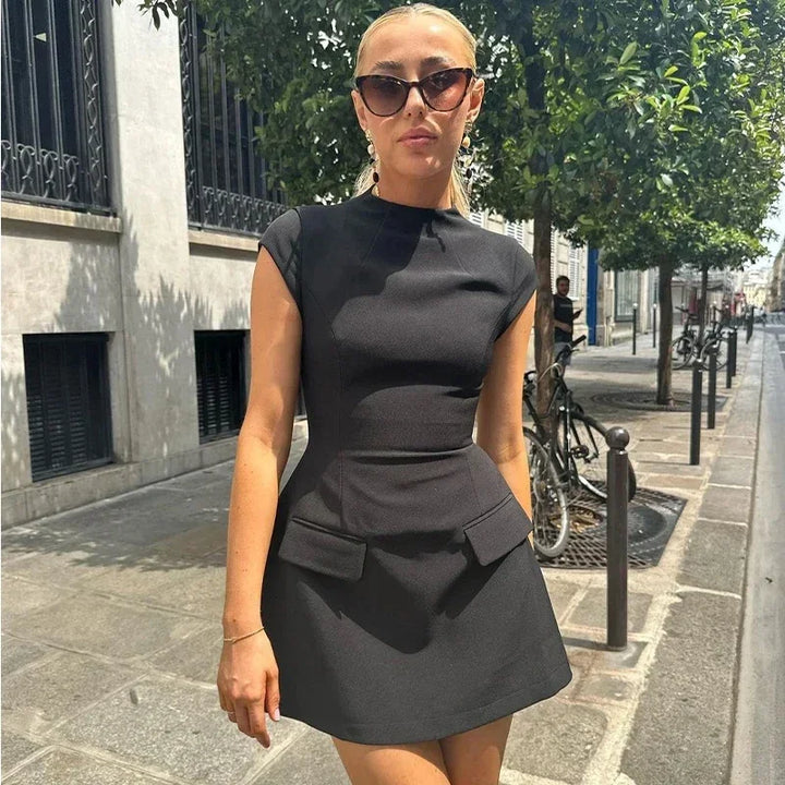 Tailored mini dress with hourglass silhouette and pocket decoration - Nils