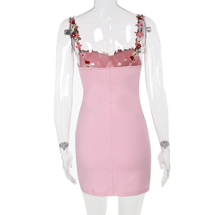 Mini Dress with Embroidery and Flower Straps with Satin Tie String Decoration - Lilia