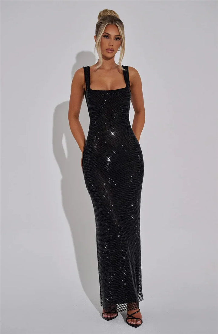 Mesh Maxi Dress with Sparkling Sequin Embellishment and Layered Skirt - Isla