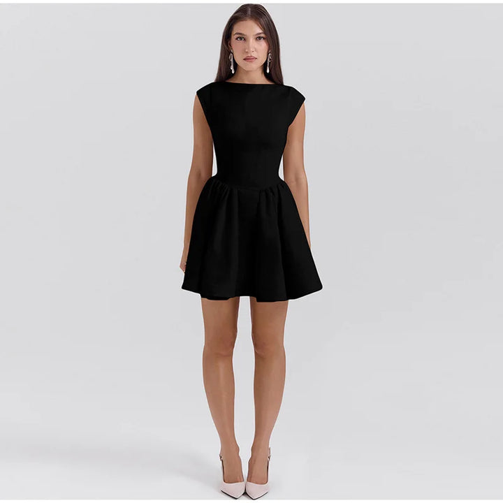 Linen Mini Dress in A-Line with Open Back - Marilyn
