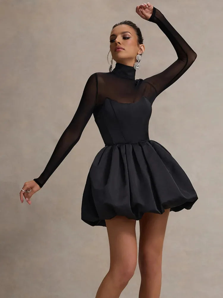 Balloon satin mini dress with mesh and half turtleneck design - Moran