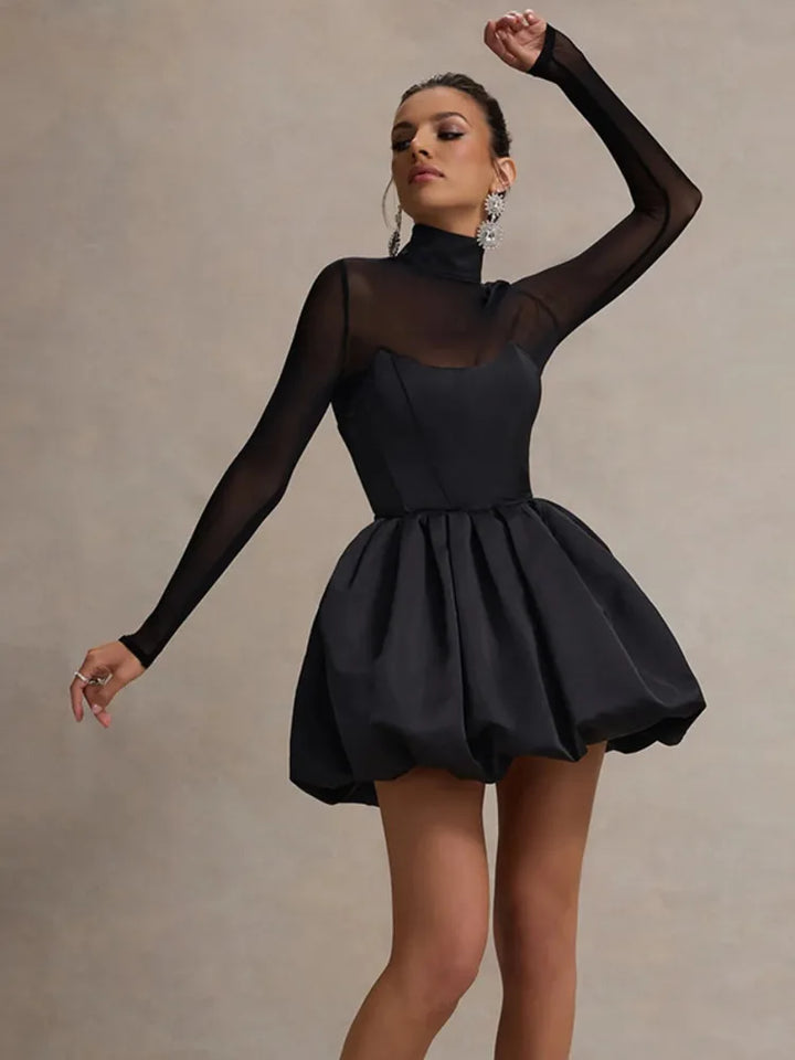 Balloon satin mini dress with mesh and half turtleneck design - Moran