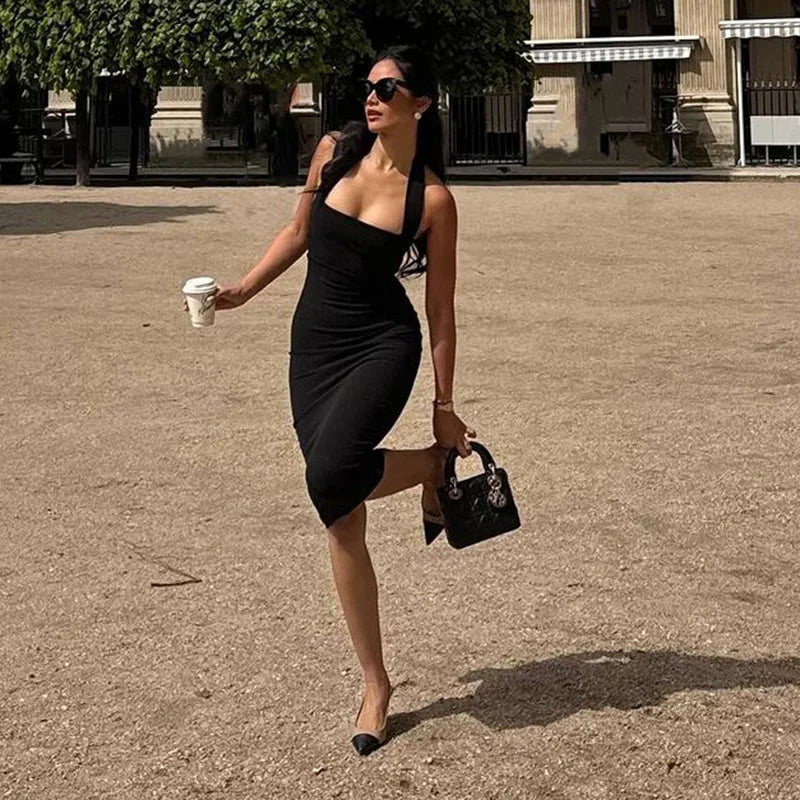 Fitted Midi Dress with Shaping Fabric and Open Back - Paislee