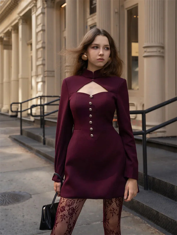 Fitted Mini Dress with Turtleneck and A-Line Cut with Button Decoration - Mary Line