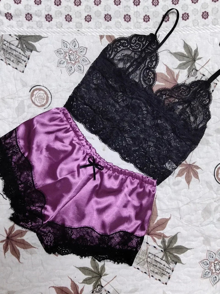 Babydoll Set with Satin Shorts and Lace Top - Noelle