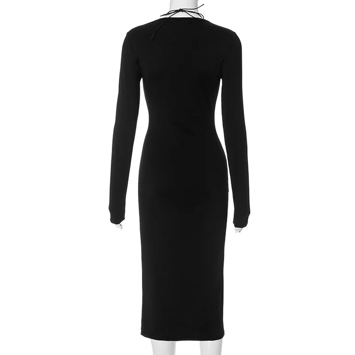 Fitted midi dress with deep neckline, ties, and slit - Shakira