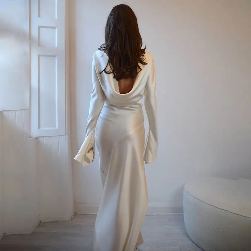 Maxi satin evening dress with open back, slit, and bell sleeves - Marian