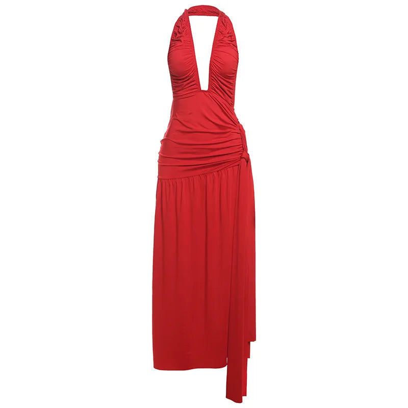 Ruched Maxi Dress with Tie Decoration, Open Back, and Deep V Neckline - Peleg