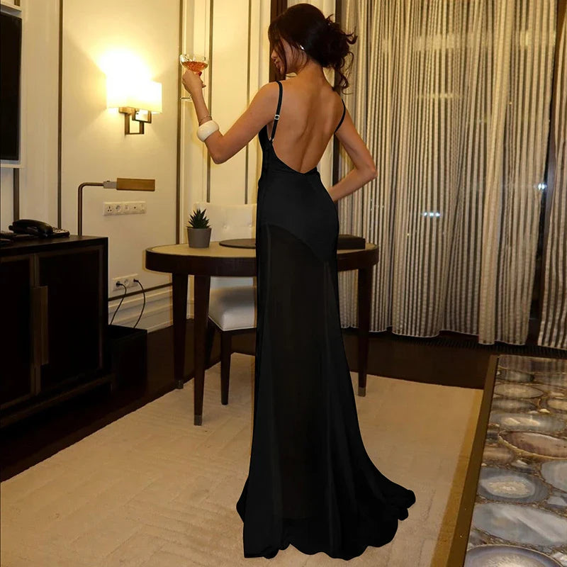 Maxi Satin Dress with Chiffon Detail and Open Back - Gracie