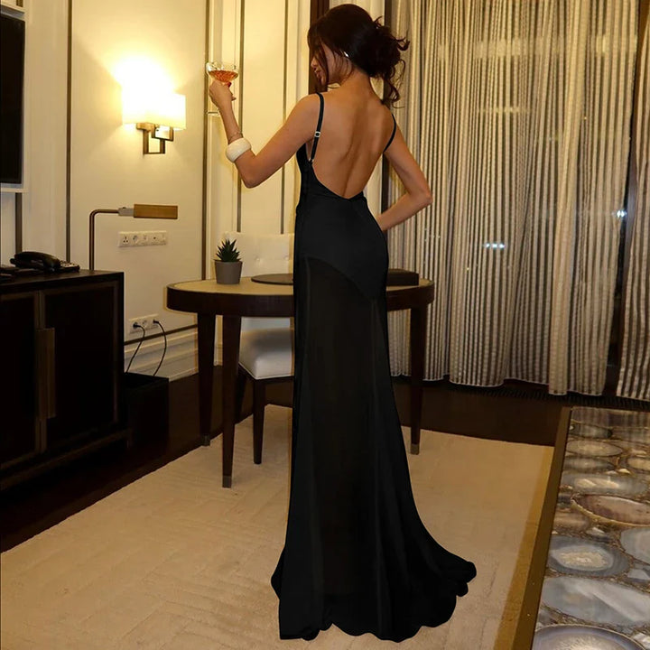 Maxi Satin Dress with Chiffon Detail and Open Back - Gracie