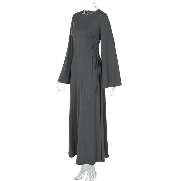 Modest knitted A-line maxi dress with waist ties - Liri