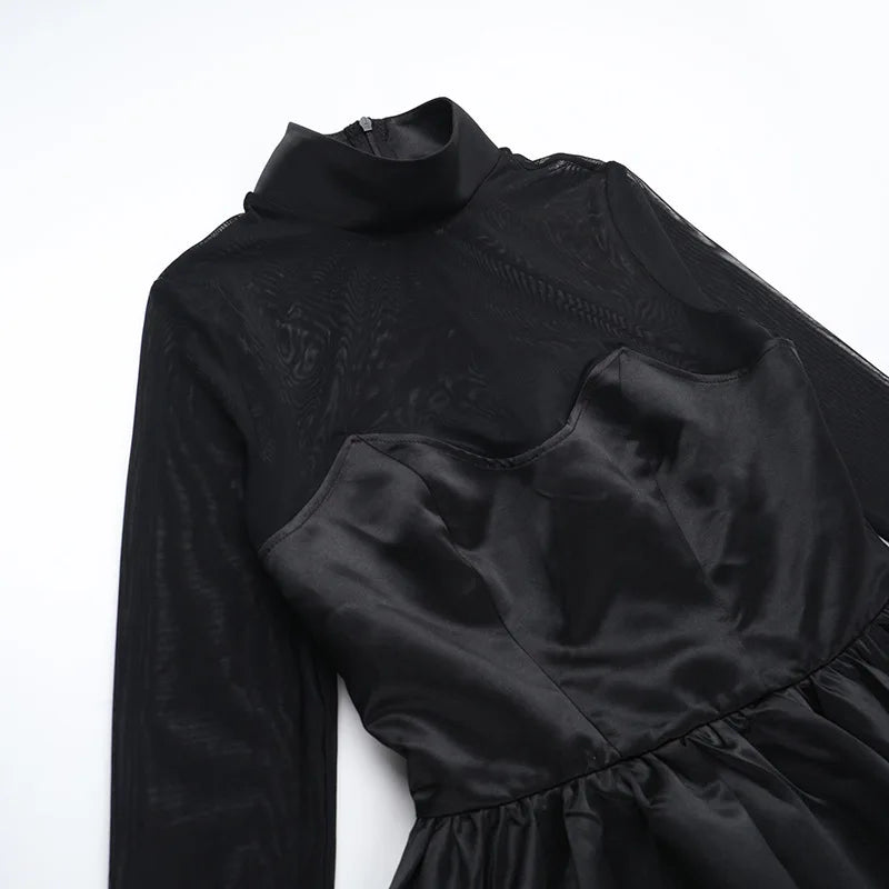 Balloon satin mini dress with mesh and half turtleneck design - Moran
