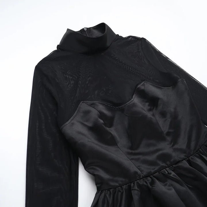 Balloon satin mini dress with mesh and half turtleneck design - Moran