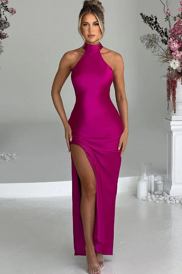 Maxi Satin Collar Dress with Slit Detail - Amari