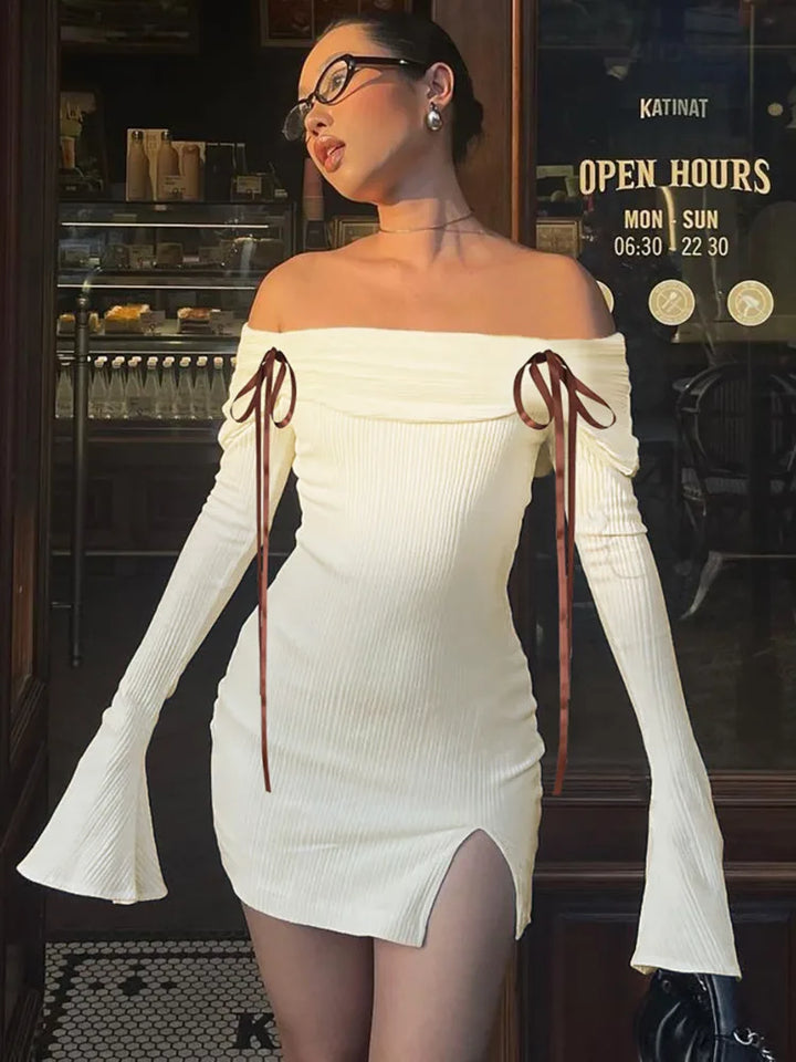 Knitted mini dress with off-shoulder and bow ribbon decoration - Yanga