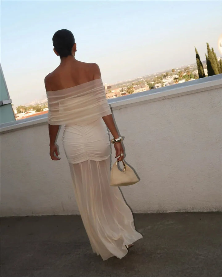 Chiffon Maxi Dress with Gathered Off-the-Shoulder Design - Delilah