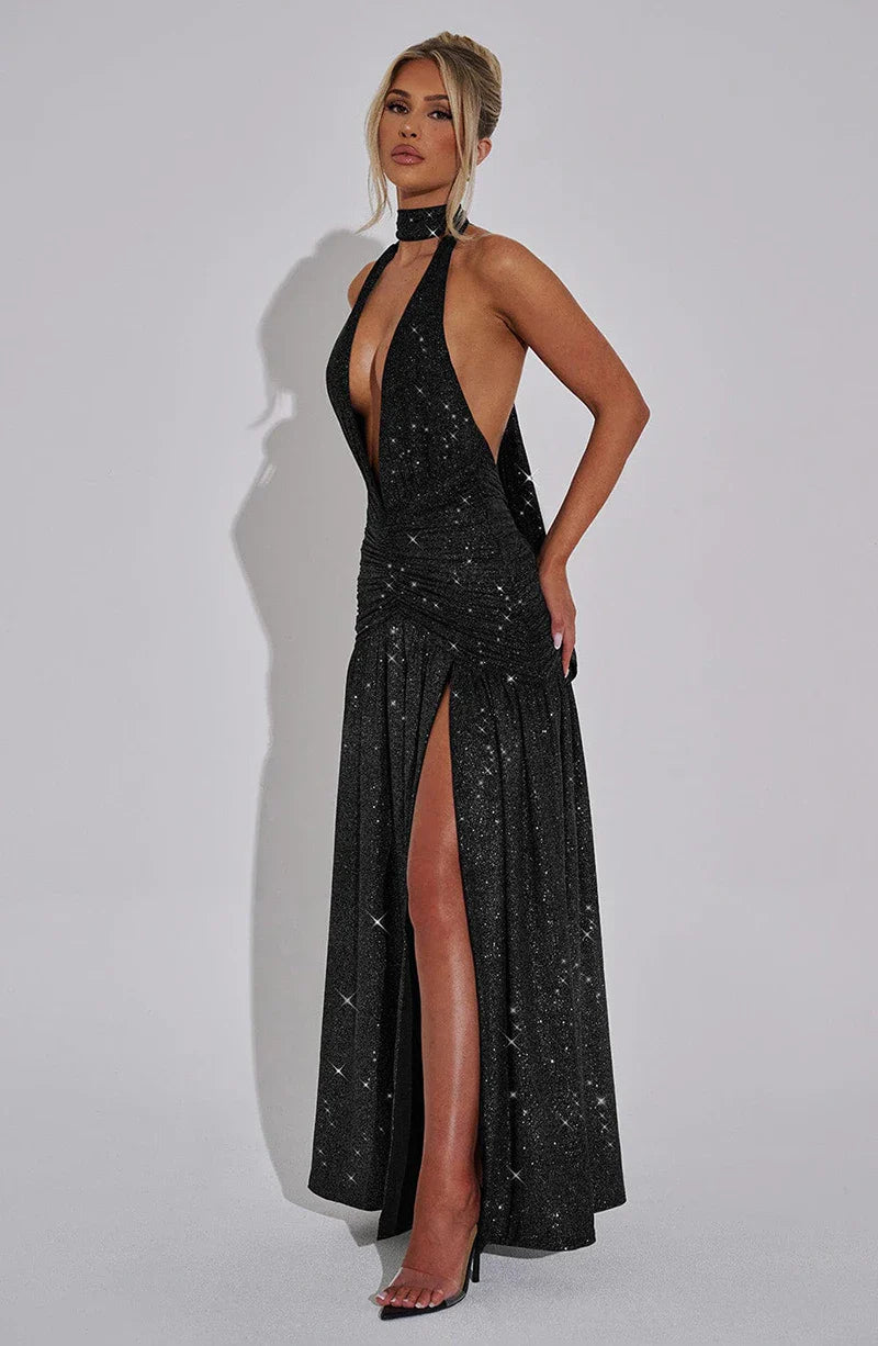 Glitter Maxi Dress with Slit, Deep V-Neck, Open Back, and Neck Tie - Emery
