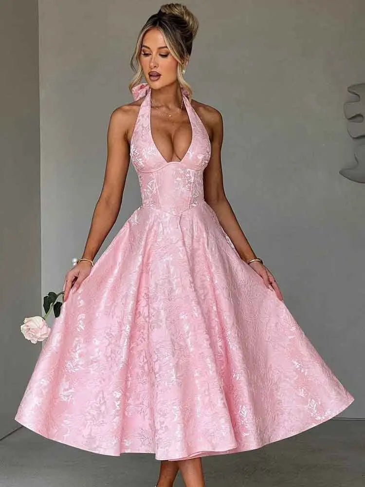 Midi A-Line Dress with Neck Tie, Open Back, Floral Embroidery Detail - Flora