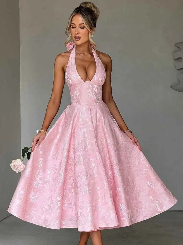 Midi A-Line Dress with Neck Tie, Open Back, Floral Embroidery Detail - Flora